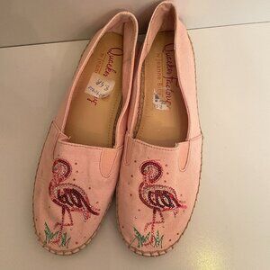 Quacker Factory Shoes Pink Flamingos Espadrille Flats Sequin Dalya size 8 1/2 M